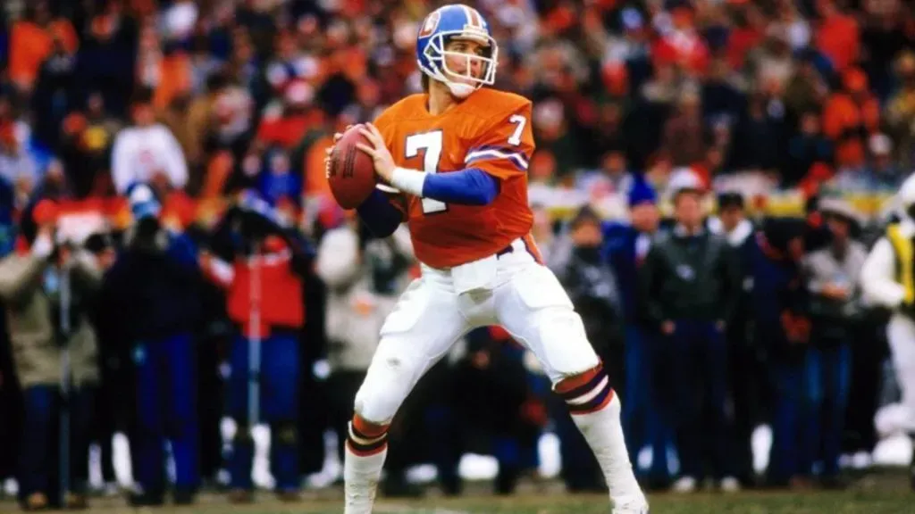 John Elway's iconic helicopter spin in Super Bowl XXXII.