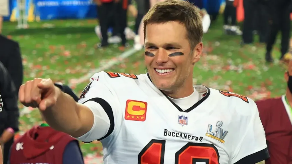 Tom Brady #12 of the Tampa Bay Buccaneers signals after winning Super Bowl LV at Raymond James Stadium on February 07, 2021.