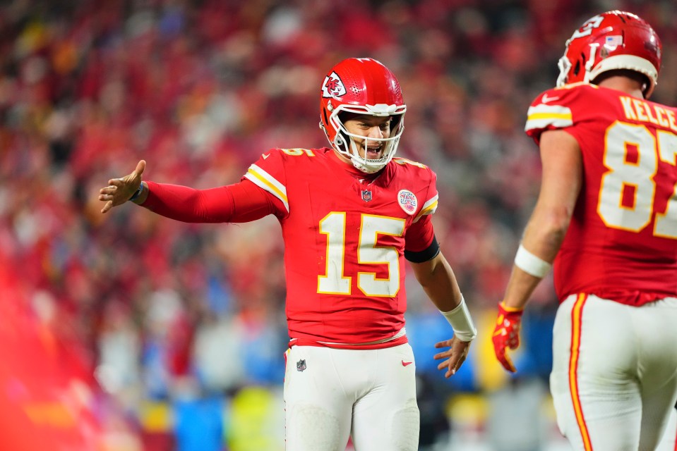 Kansas City Chiefs star quarterback Patrick Mahomes celebrates after a play with teammate Travis Kelce in the Week 14 victory over the Los Angeles Chargers