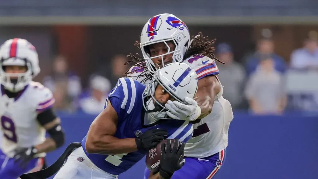 Indianapolis Colts wide receiver Josh Downs (1) is tackled by Buffalo Bills linebacker Nicholas Morrow.