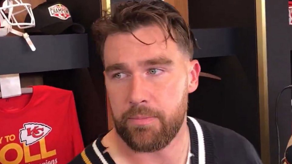 Kelce speaking to reporters following the Sunday Night Football win