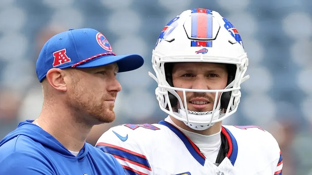 Offensive coordinator Joe Brady stands with Josh Allen #17 of the Buffalo Bills before the game against the Seattle Seahawks at Lumen Field on October 27, 2024 in Seattle, Washington.