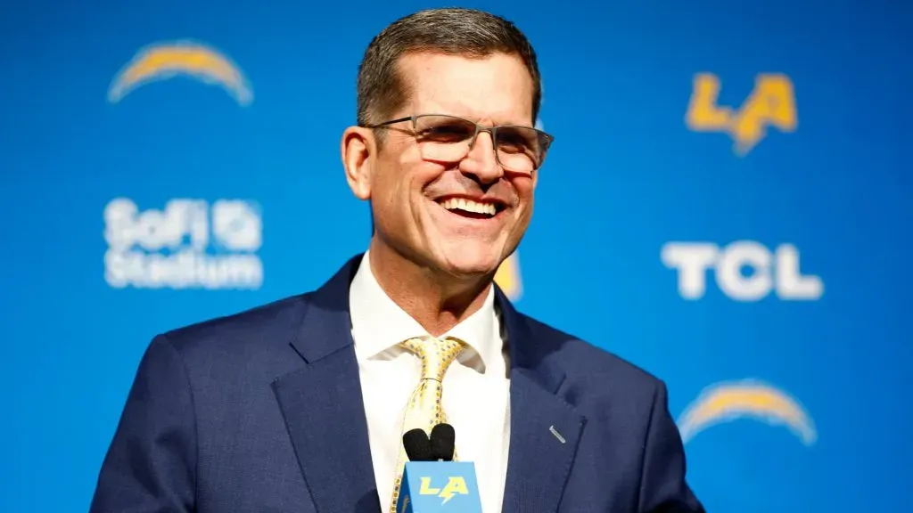 Newly appointed head coach Jim Harbaugh of the Los Angeles Chargers speaks to the media during a press conference at YouTube Theater.