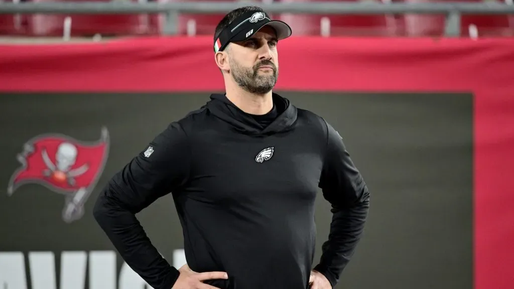 Head coach Nick Sirianni of the Philadelphia Eagles looks on prior to the NFC Wild Card Playoffs against the Tampa Bay Buccaneers at Raymond James Stadium on January 15, 2024.