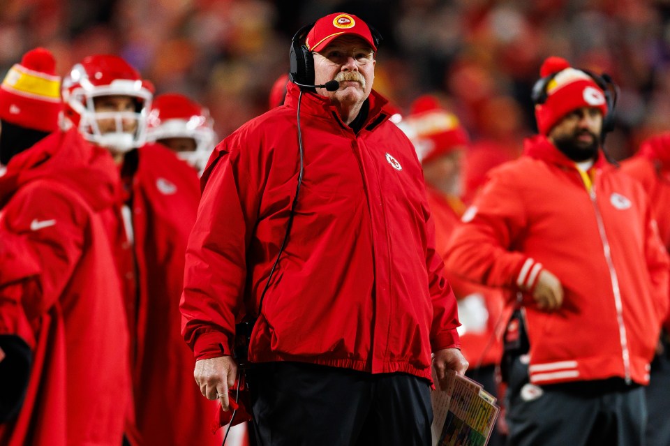 Andy Reid, head coach of the Kansas City Chiefs, on the sidelines during a game.