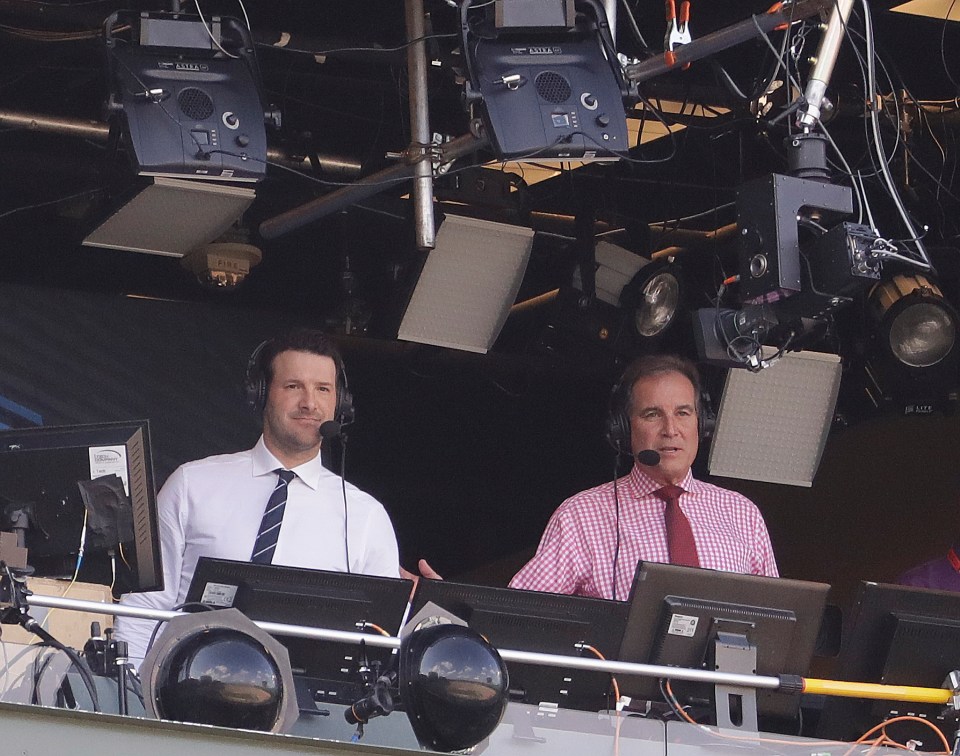 Tony Romo and Jim Nantz in a broadcast booth.