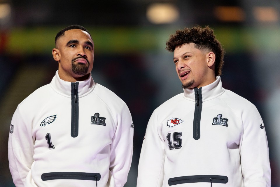 Jalen Hurts and Patrick Mahomes at Super Bowl LIX Opening Night.