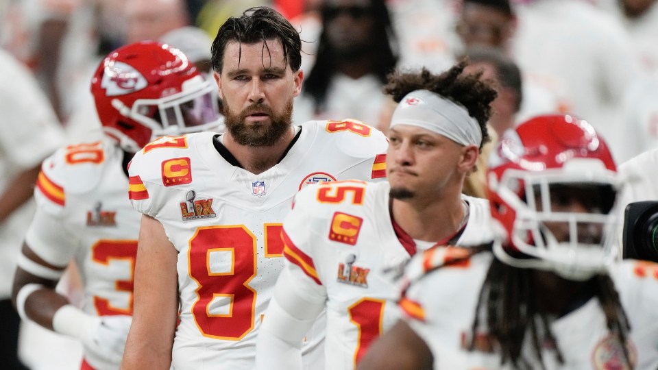 Kansas City Chiefs players Travis Kelce and Patrick Mahomes at Super Bowl LIX.