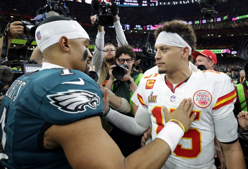 Jalen Hurts and Patrick Mahomes after Super Bowl LIX.