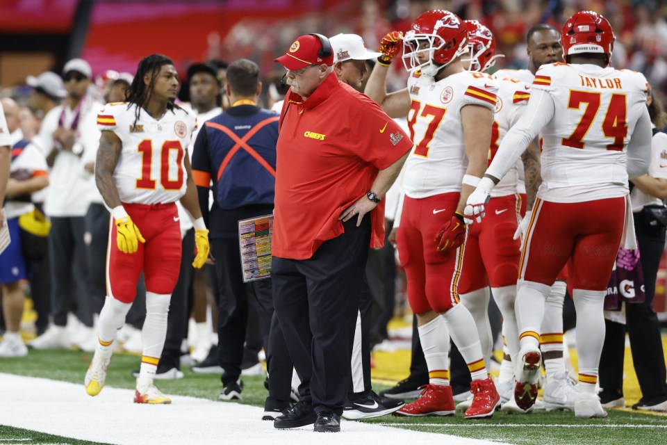 Kansas City Chiefs head coach Andy Reid and players on the field during Super Bowl LIX.